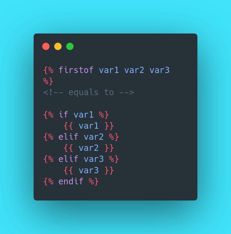 GirlLovesToCode's tweet photo. Instead of bunch of elifs in Django template, you could use 'firstof'. 

'firstof' outputs the first argument variable that is not false. https://t.co/sZIuGAhPTv