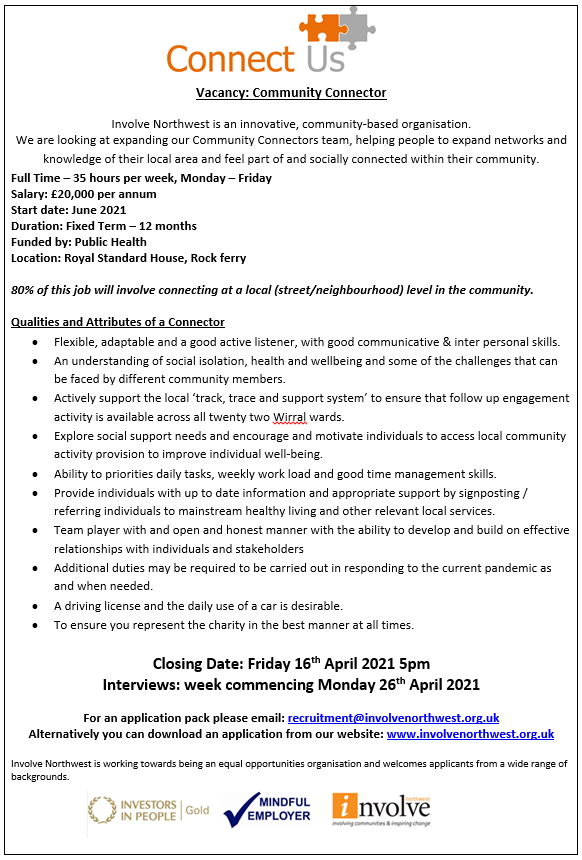 INVOLVENW's tweet photo. Involve Northwest are RECRUITING! π§
We are looking to recruit Community Connectors to join our Connect Us project based in Rock Ferry. π
Full details are outlined in the attached advert, including details on how to obtain an application pack. π
#InvolveNorthwest #ConnectUs https://t.co/85tLaz0LwP