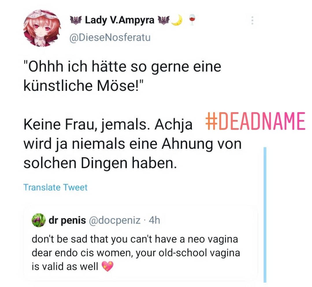 TransMarchB's tweet image. DAS ist die Person die mich letztes Jahr gedoxxt hat, Spitzname "Vampy". @TwitterDE lässt @DieseNosferatu gewähren und weiter 24/7 trans Leute harassen, währendessen werd ich gesperrt wegen ironischem Hashtag "Bandw*rmer für Faschisten". Es reicht!
/Saliva