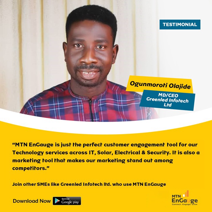 MTNNG's tweet photo. Increase sales opportunities with MTN EnGauge today!
You can also:
- Share promos
- Get feedback from your customers
- Track business engagements &amp; more!

Download the app by clicking https://t.co/lrKhrH9qiB NOW! #MTNEnGauge https://t.co/TN1uRalmq8
