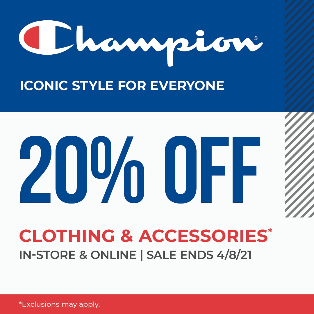 TODAY is the last day to get 20% off all Champion gear! Come by the store or shop online!