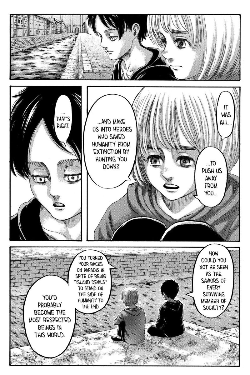  #aot139spoilers I suspected that Eren did this all for the sake of Armin and Mikasa achieving their own freedom so I'm ok with this reveal even though it feels a bit naive to bank on the idea that those who survived the rumbling will look upon Eldians who fought him positively.