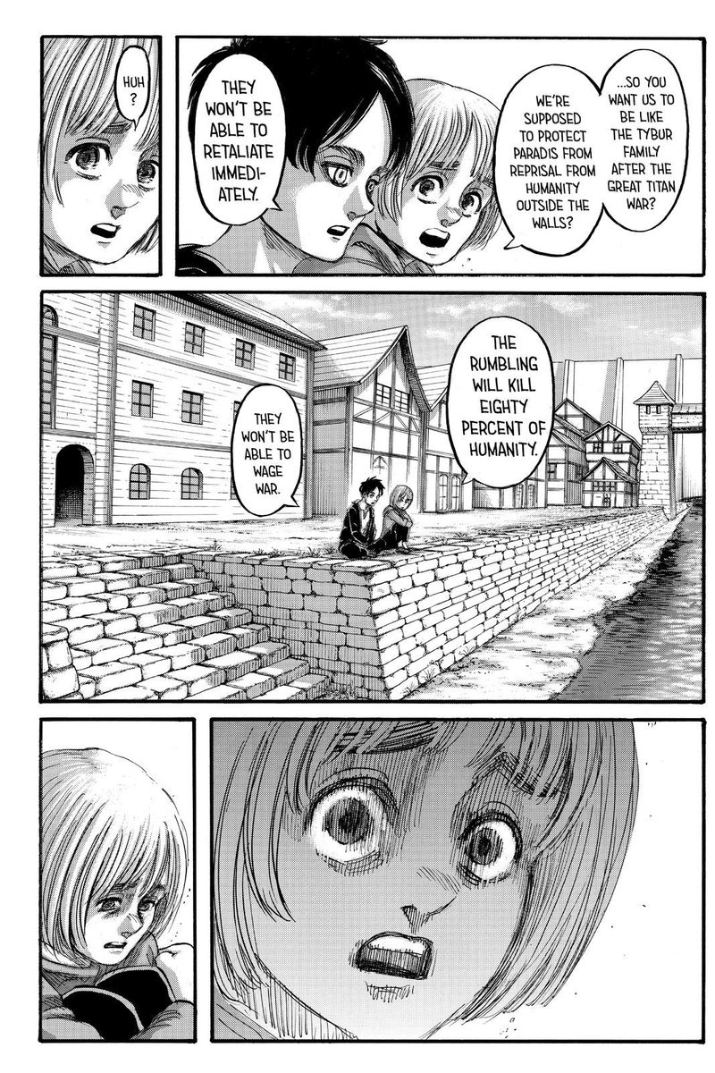  #aot139spoilers Itmakes sense that Eren is essentially just trying to buy everyone time for their views to change since time was the major factor that drove his plans. I'm also glad that they include the detail of Armin constantly being horrified by Eren's actions.