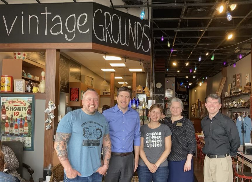 RepBryanSteil's tweet photo. Stopped by Vintage Grounds Coffeehouse for lunch with Mayor Rick Petfalski. Great meeting Erin and Ryan. Vintage Grounds received the @MuskegoChamber 2020 Business of the Year Award! https://t.co/3WAXfIqhhe