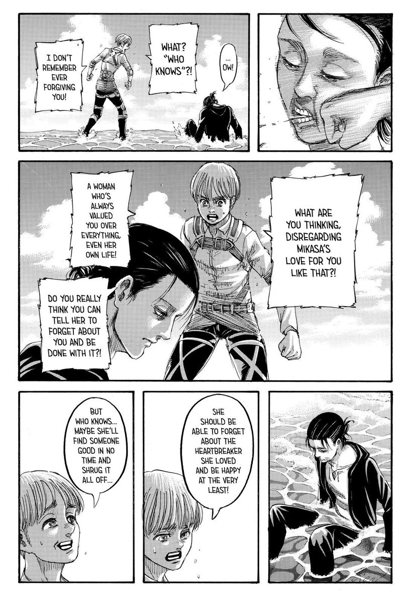  #aot139spoilers I like the candidness of this conversation and I think it's cool to highlight the humanity that Eren had to cover up for so long but I wish the previous conversation felt more in line with hardcore Eren so I could appreciate the contrast more.