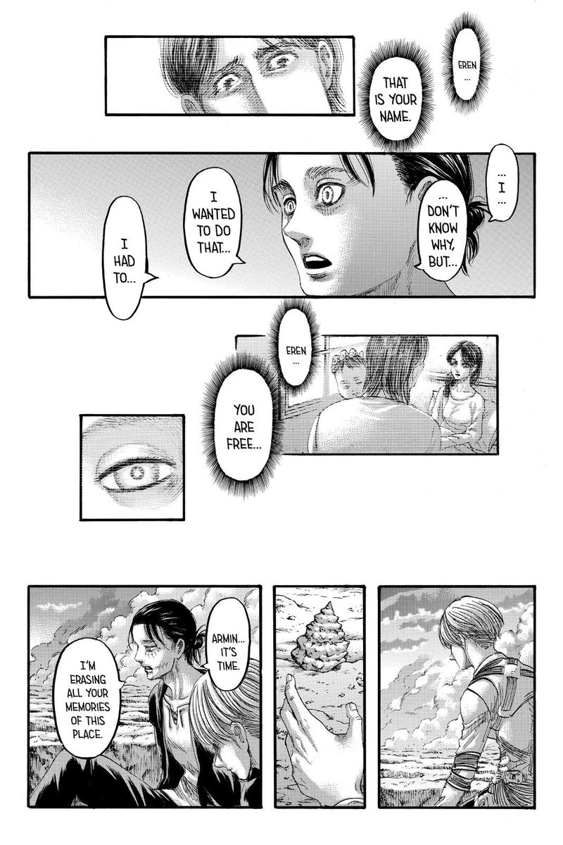  #aot139spoilers Now we get to one of the crux of my issues. I get that this is trying to imply that Eren was never truly free and was always a slave to his idea of freedom but at this point I think we needed him to realize it and say it outright since it's so an important.