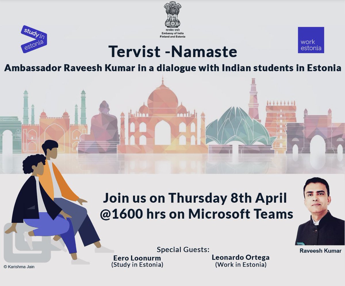 IndEmb_Fin's tweet photo. Ambassador @raveesh_kumar together with @eeroloonurm of @studyinestonia and Leonardo Ortega of @Work_in_Estonia had a lively interaction with the Indian student studying in #Estonia. QnA session on jobs, internship, visas, scholarship, etc. #TervistNamaste
#AmritMahotsav https://t.co/kXHRhKlb8Y