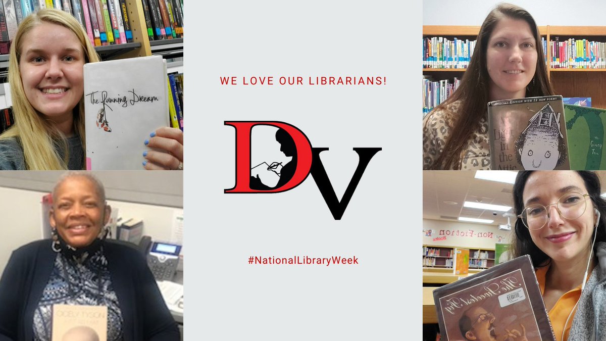 DelValleISD's tweet photo. In light of national library week, we celebrate our amazing librarians and thank them for all they do! Here are a few of our librarians holding some of their favorite books! #NationalLibraryWeek #DVProud https://t.co/1iy8e4dMUL