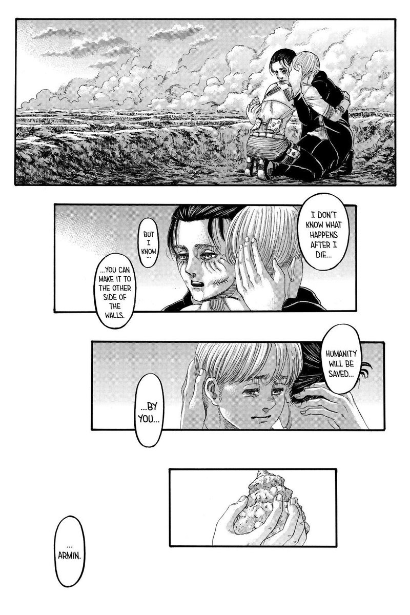  #aot139spoilers This is ultimately the message Isayama wanted AoT to communicate. Endless war and hatred won't change the world but discussion and enthusiasm to learn about others are the only way to truly break through walls and connect with others. Iffy execution but I get it.