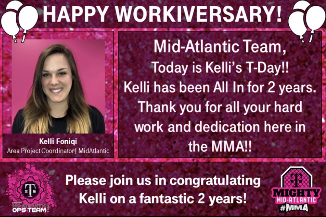 Congrats  @kelli_foniqi on your 2 year Magentaversary! I have had the privilege of working with you for the entire time &amp; you makes me a better leader &amp; person! Appreciate all you do for #MMAOPS! <a href="/tglover187/">Terrance Glover</a> <a href="/yes_i_cantu/">Matt Cantu</a> <a href="/TracyNolan_/">Tracy E. Nolan</a>