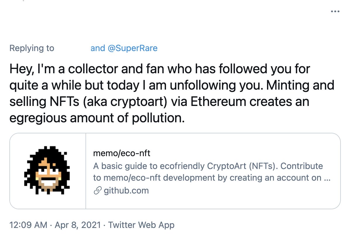 I'm tired of seeing this kind of artist-shaming in my timeline; and frankly it does little to reduce Ethereum's energy costs. Those seeking more carbon efficient artistic revenue streams may do well to explore & research this further than the front page of a GitHub repository.