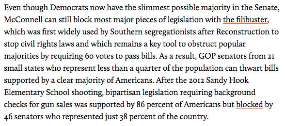 After Sandy Hook massacre in 2012 Manchin wrote bipartisan legislation requiring background checks for gun sales. It was supported by 86% of Americans & 54 senators but blocked by 46 senators representing just 38% of country. This is consequence of filibuster Manchin supports