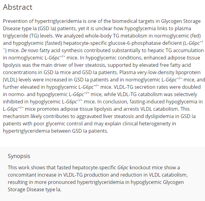 Now formatted for publication:
Impaired Very‐Low‐Density Lipoprotein catabolism links hypoglycemia to hypertriglyceridemia in Glycogen Storage Disease type Ia
Joanne A. Hoogerland, @TGJDerks et al
#GSD1a
doi.org/10.1002/jimd.1…