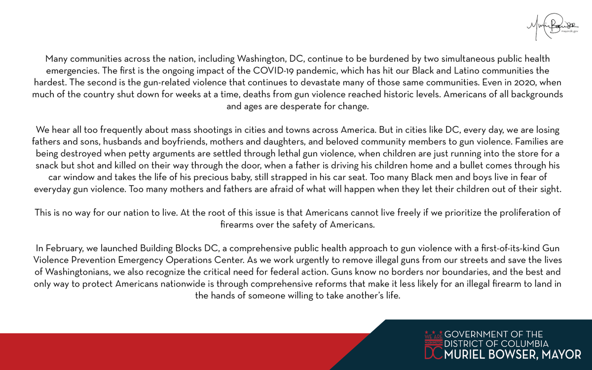 MayorBowser's tweet photo. I have issued the following statement in response to President Biden’s announcement on the initial actions that the Biden-Harris Administration is taking to address the nation’s gun violence public health epidemic. https://t.co/SXnuuM42bg
