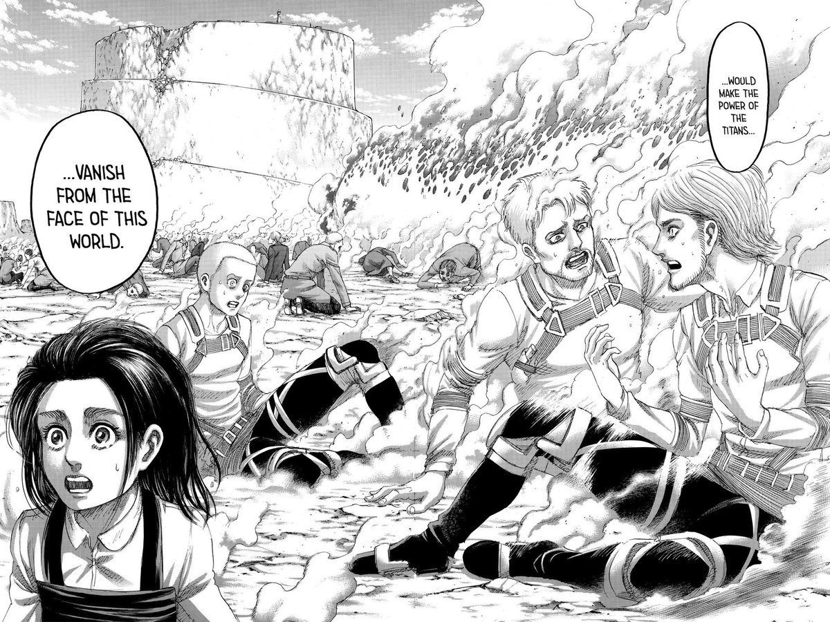  #aot139spoilers I think despite the iffy execution and somewhat questionable epilogue stuff, its important to remember that Eren accomplished his original goal of eliminating the Titans of the world which leads to some awesome panels.