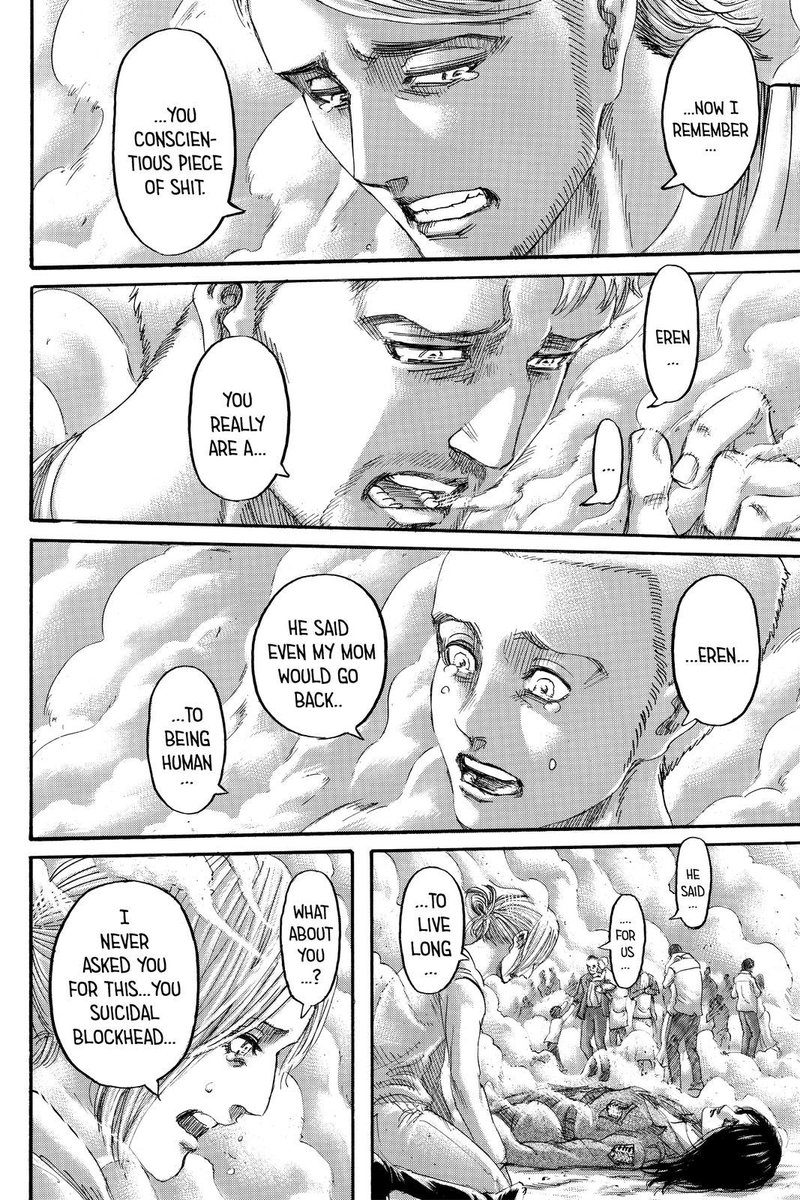  #aot139spoilers I guess Eren left memories with everyone? Wish we could've seen more of what he left with them. Also glad the updated translations don't have Reiner going "Eren what a man" cause he has enough cringe this chapter.