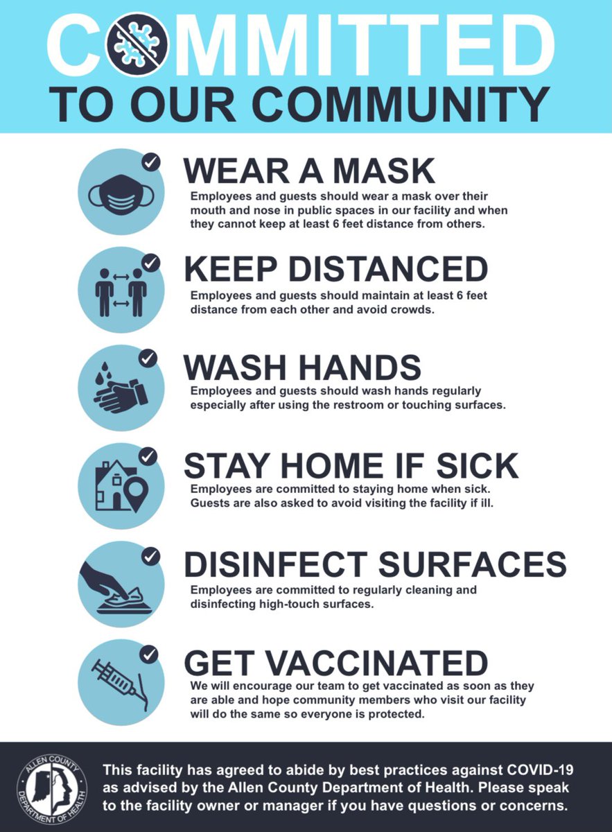 For the safety of our community, staff and guests we will continue to enforce masks within our facility as the Allen County Department of Health recommends! We appreciate the love and support we have been given through these unprecedented times 😷 💙