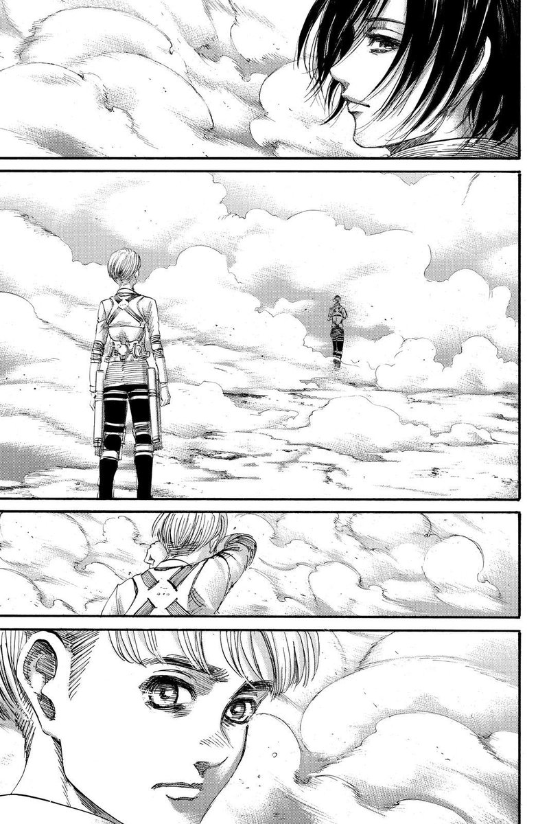  #aot139spoilers I like this as closure for the trio with Mikasa moving on to grant Eren peace while Armin moves forward for the sake of the world. Really like those last shots of Mikasa saying goodbye to Armin.