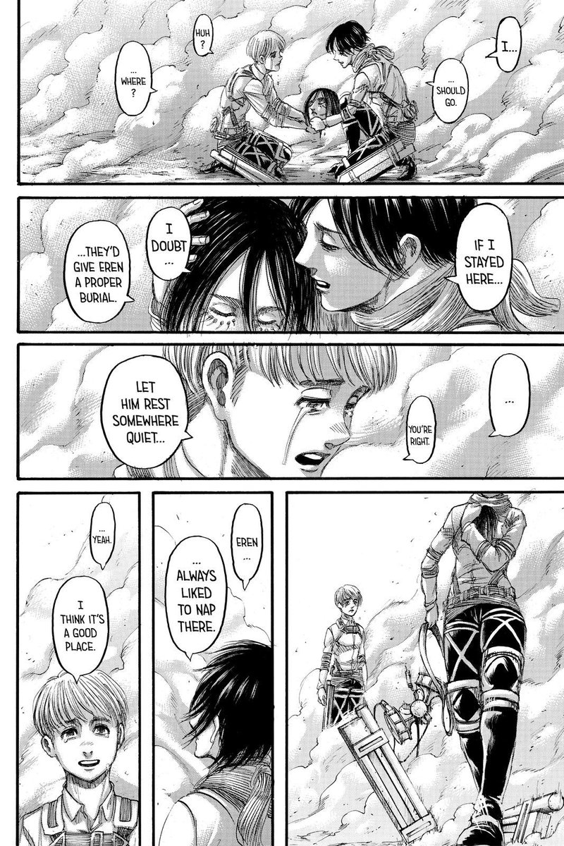  #aot139spoilers I like this as closure for the trio with Mikasa moving on to grant Eren peace while Armin moves forward for the sake of the world. Really like those last shots of Mikasa saying goodbye to Armin.