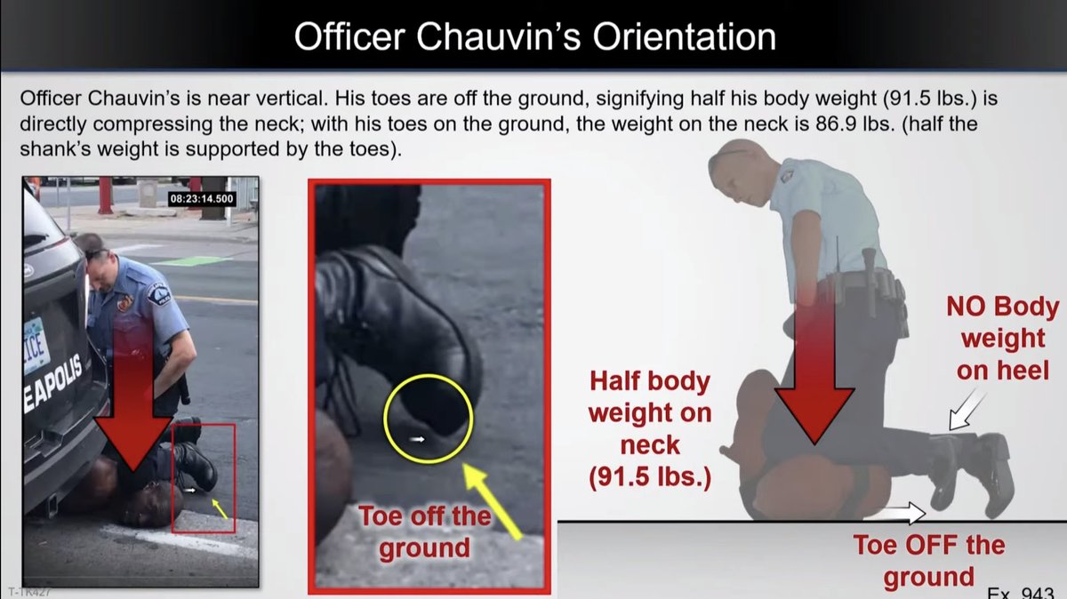 “The toe of his boot is no longer touching the ground, this means that all of his body weight is being directed down at Mr. Floyd’s neck,” testified Dr. Tobin. This visual presented during court says a lot. #DerekChauvin