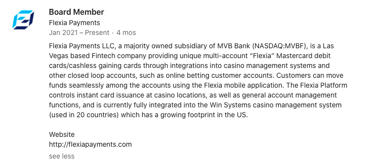 MVB has an entire Fintech division which is growing fast - added 140 FTE to 400 existing last year. Allows full remote work.Job postings give some hint -- GRAND app & Flexia payment for integrated online/offline payments for gaming to transfer money across gaming apps