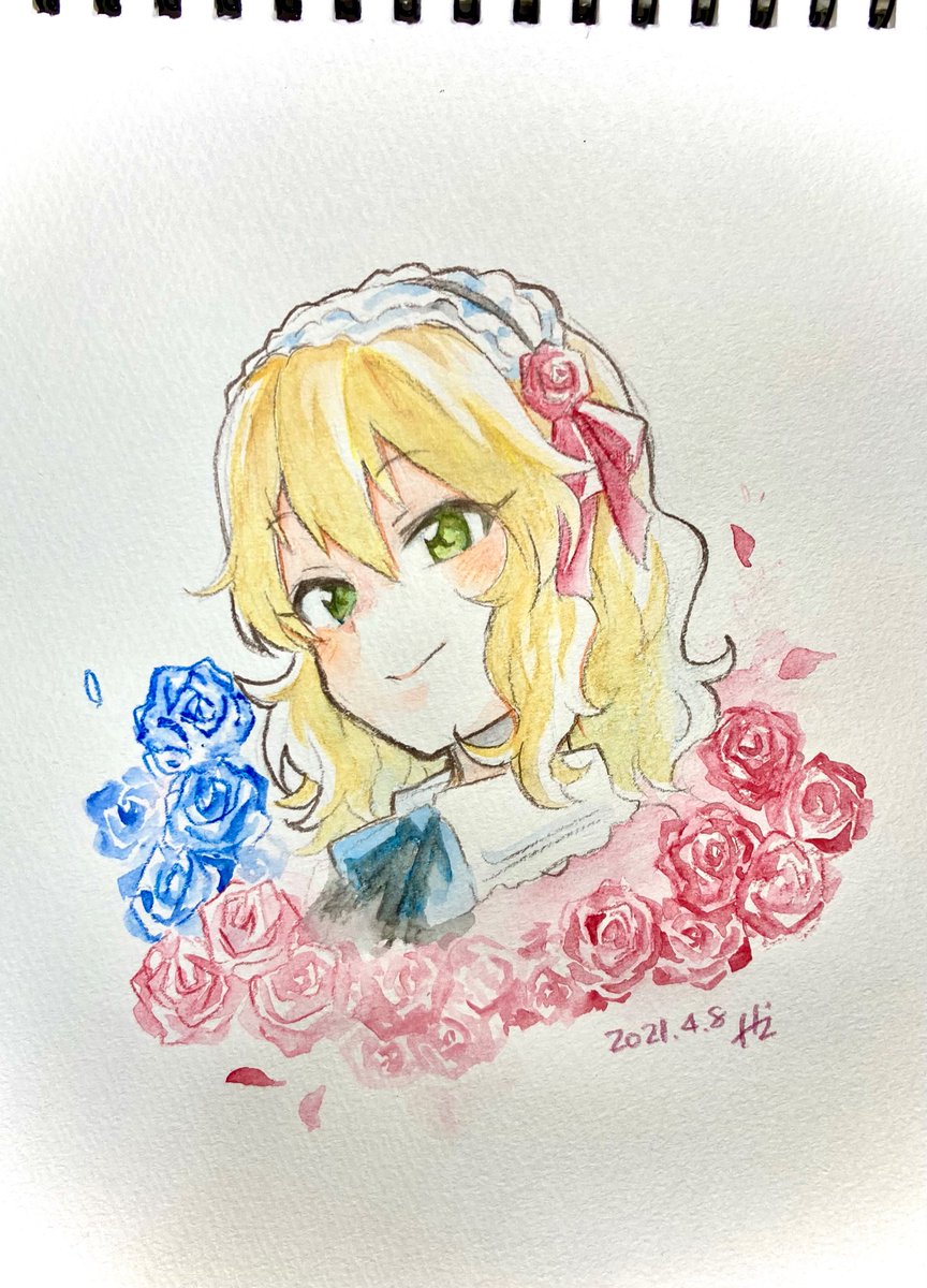 sakurai momoka 1girl flower solo blonde hair green eyes smile rose  illustration images
