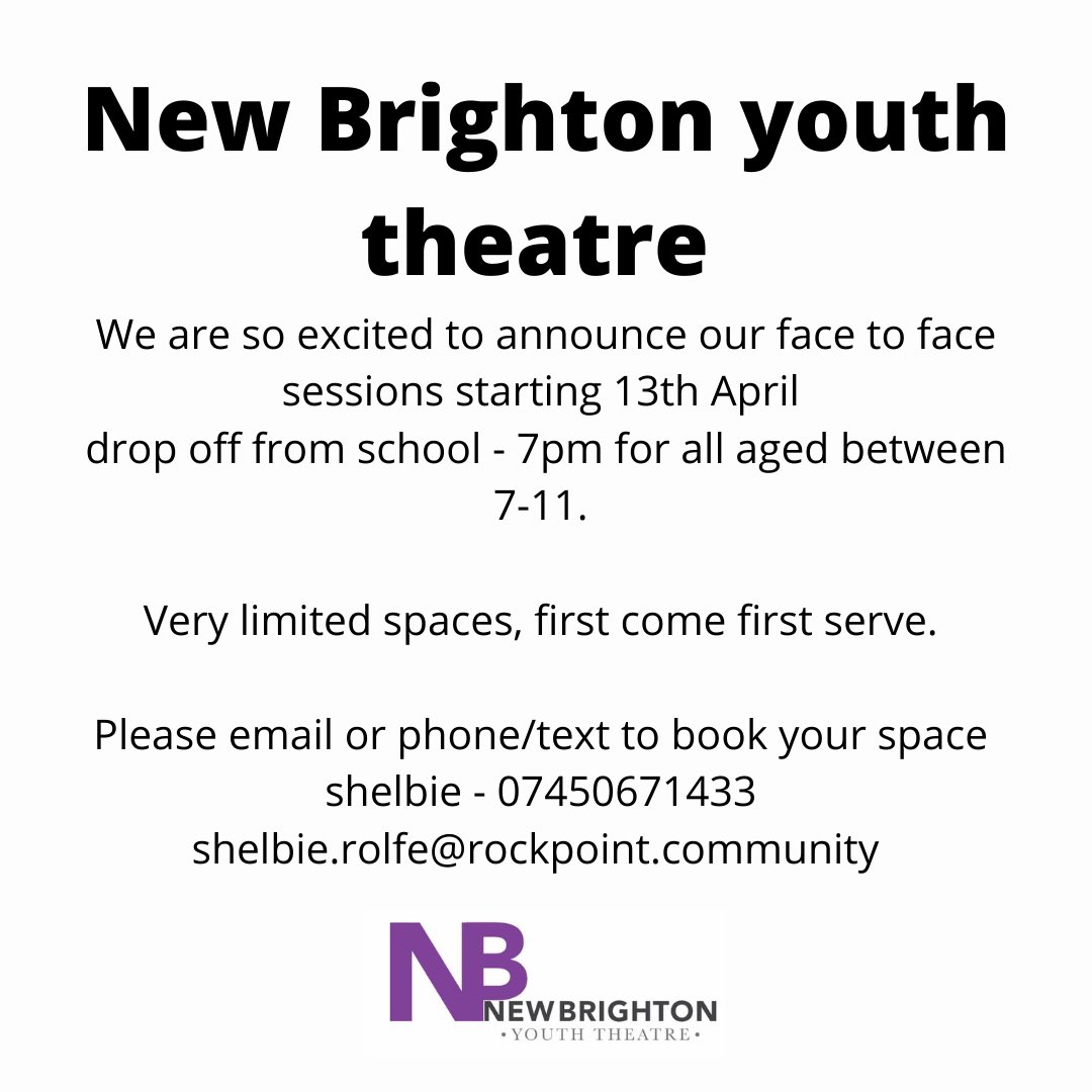 _RPCommunity's tweet image. HOW EXCITING 😍🥳
From next week we will now be able to offer face to face sessions for our youth theatre. 
This is a first come first serve basis and we have very limited spaces left. Please contact via phone or email to book your child’s place. 
#newbrightonyouththeatre