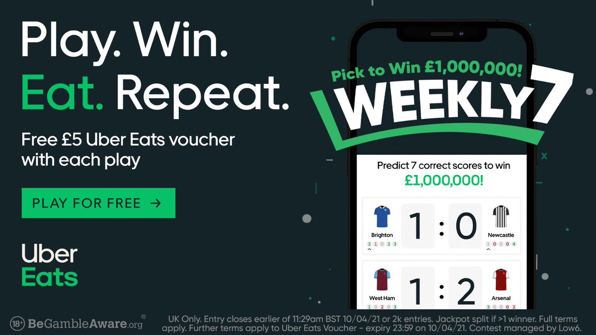 low6sports's tweet image. Our new @Weekly7App game returns this weekend with a £1,000,000 jackpot 🤩

You get a FREE £5 @ubereats_uk voucher just for making your free picks 😎

It’s limited to the first 2,000 entries so it’s very much first come, first served 😉

weekly7.app.link/game 📲