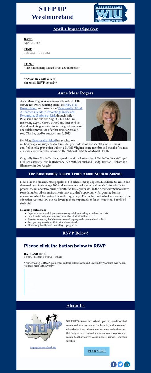 Join <a href="/WIU07/">WIU07</a> <a href="/stepupwest/">STEP UP Westmoreland</a> to listen to Anne Moss Rogers as she discusses "The Emotionally Naked Truth about Suicide" on April 21 <a href="/830am/">TabyKat</a>.  Free registration information below. #mentalhealth #MentalHealthAwareness #MentalHealthMatters