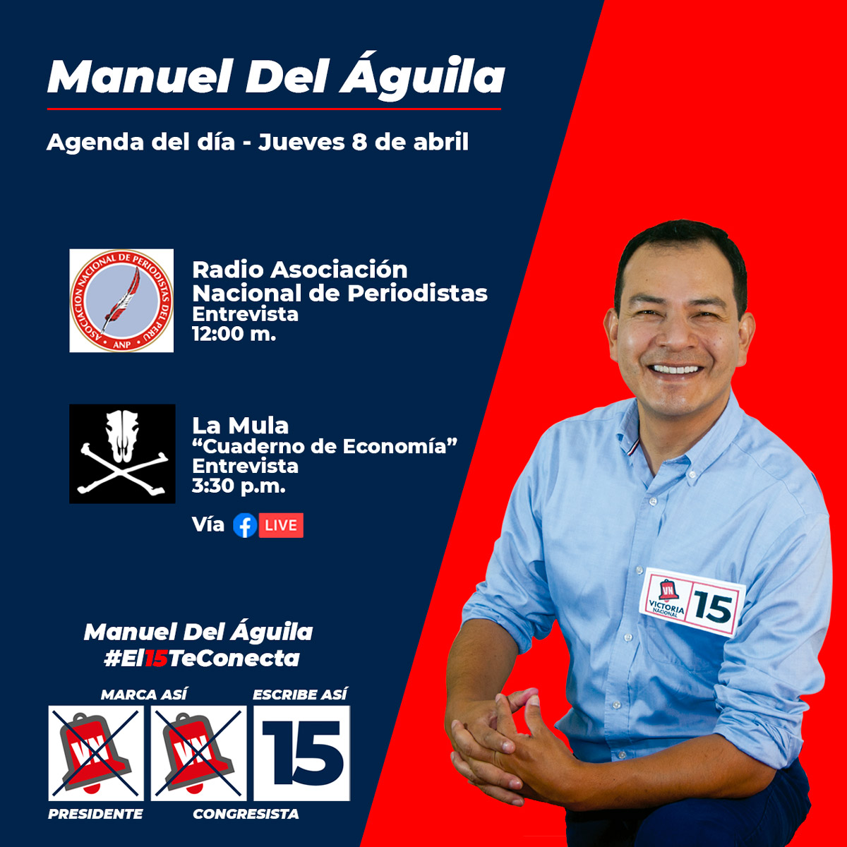 DelAguila2024's tweet photo. Hoy me presento ante la Asociación Nacional de Periodistas del Perú #ANPRadio y la @lamula llevando el mensaje del cambio para nuestro país.
El 11 de abril marca las 🔔🔔🇵🇪 de #VictoriaNacional y escribe el 15 de #ManuelDelÁguila.
#ElCambioEsForzay #El15TeConecta #EligeBien https://t.co/uAXsSkvwOG