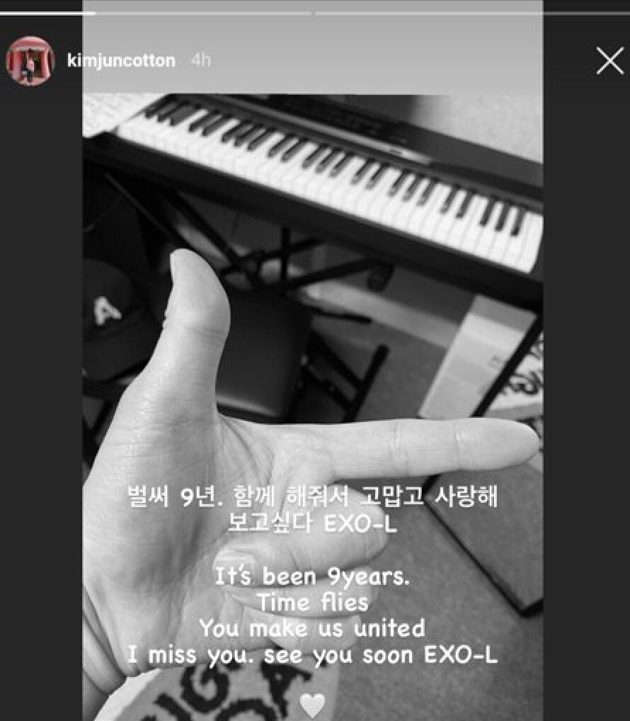 The members, Kim Jongdae and Kim Junmyeon, who enlisted in 2020 weren't able to give a message for the official merchandise. Junmyeon who has an Instagram account, gave his message on his IG story.  #9YearswithEXO  #엑소  #EXO  #weareoneEXO  @weareoneEXO