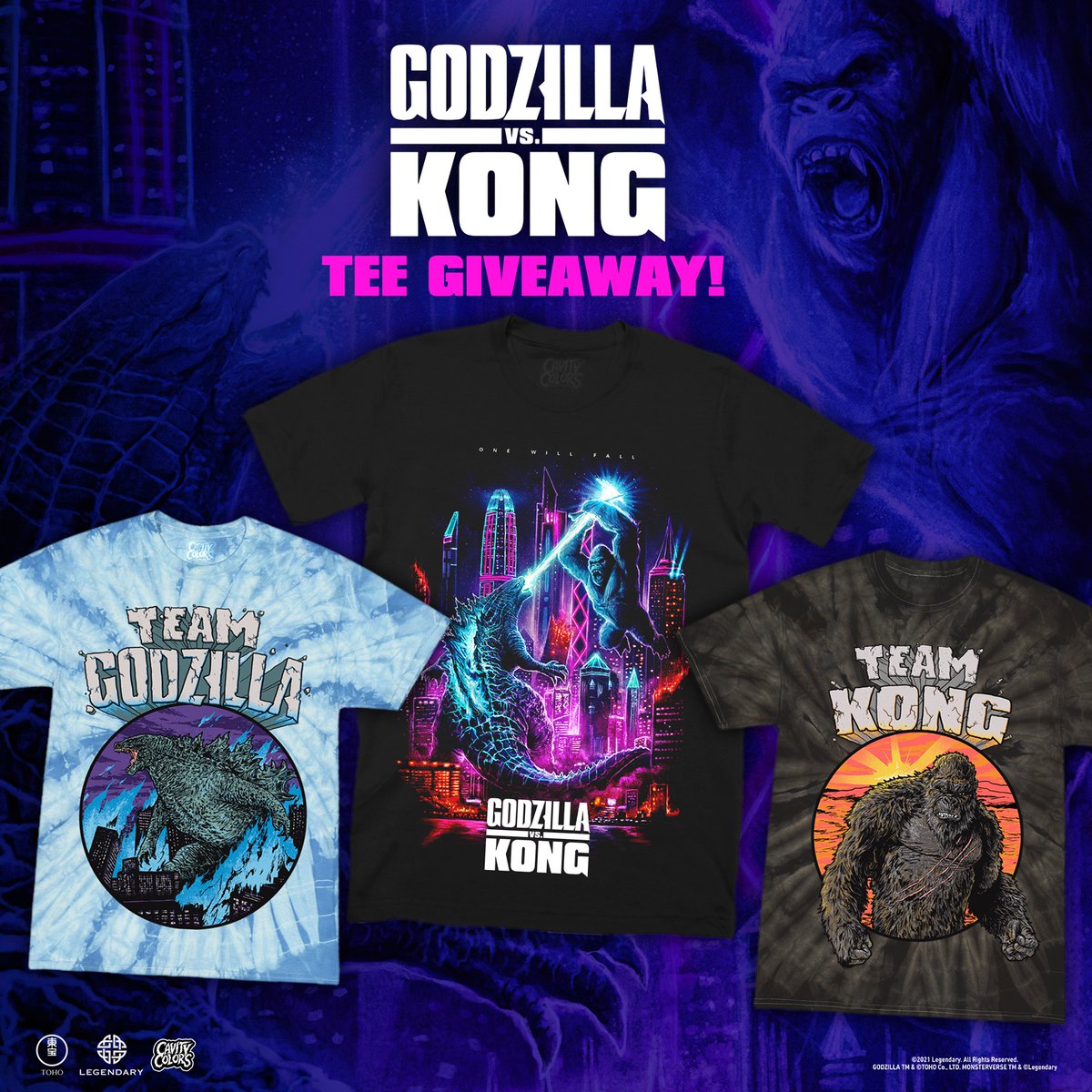 Legendary's tweet image. Whether you're #TeamGodzilla, #TeamKong or #TeamLoveThemBoth, this @CavityColors T-Shirt giveaway is perfect for you! Enter for the chance to win all three here: bit.ly/3rY9eOc