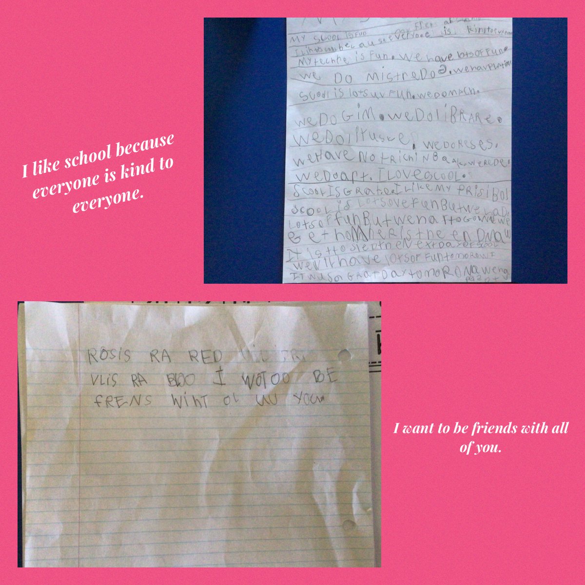 MsWigoodsClass's tweet photo. We have some great writing happening in our classroom. Two students chose to write  about the importance of being kind. We have conversations about how it is important to be kind and to treat others with respect on a regular basis in our classroom. 💗 https://t.co/2uxd3wOTMa