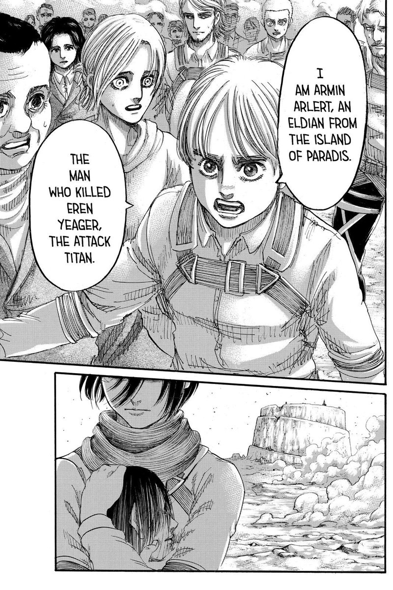  #aot139spoilers I was never invested in this side conflict but I get why it needs to happen to reconcile everything and show that the Eldians are normal now and Armin is taking credit for his death. Ok moving on.