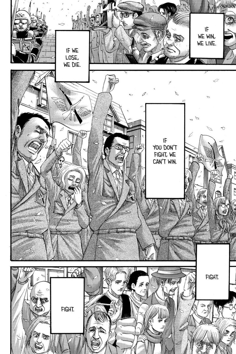  #aot139spoilers This whole section was frustrating. I'm guessing the point is to illustrate that Eren's efforts were ultimately useless because even with 80% of the world wiped out, war and hatred will always exist but it's executed so weirdly that I'm like ????