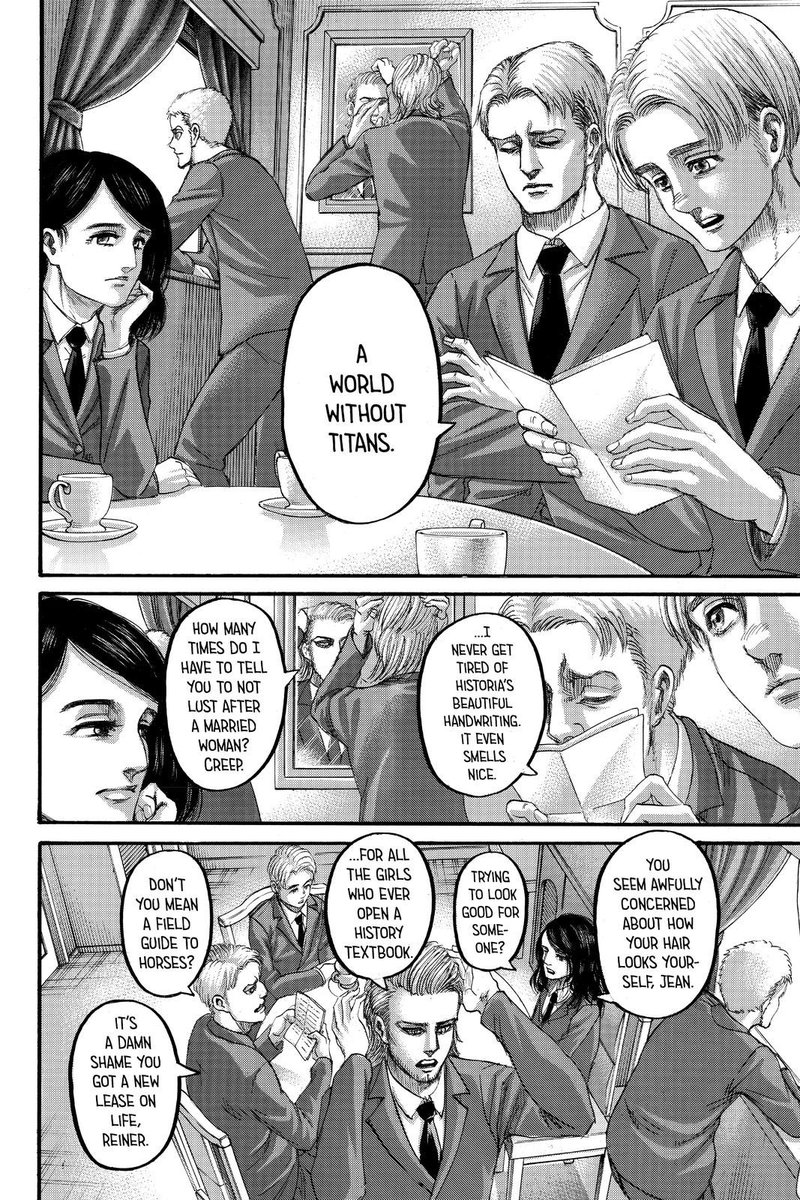  #aot139spoilers I like that the crew is together as ambassadors of peace and the banter is funny but come on Reiner, you weird fuck.