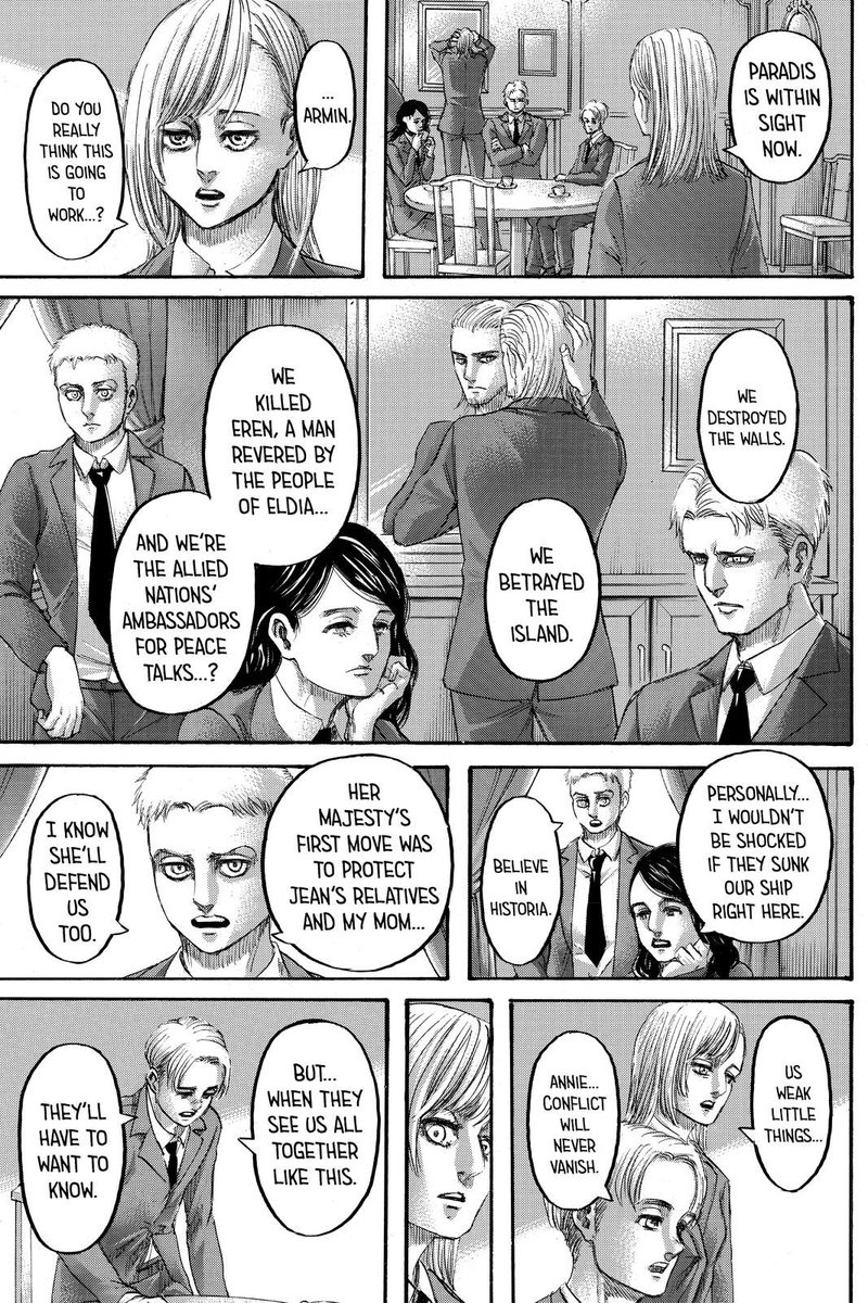  #aot139spoilers Armin's optimism towards peace is what I think Isayama really wants to portray but the message feels muddled because of how everything has been presented up until now. Also where the fuck is Yelena? Also also Armin looking like a snack. Good glow up.