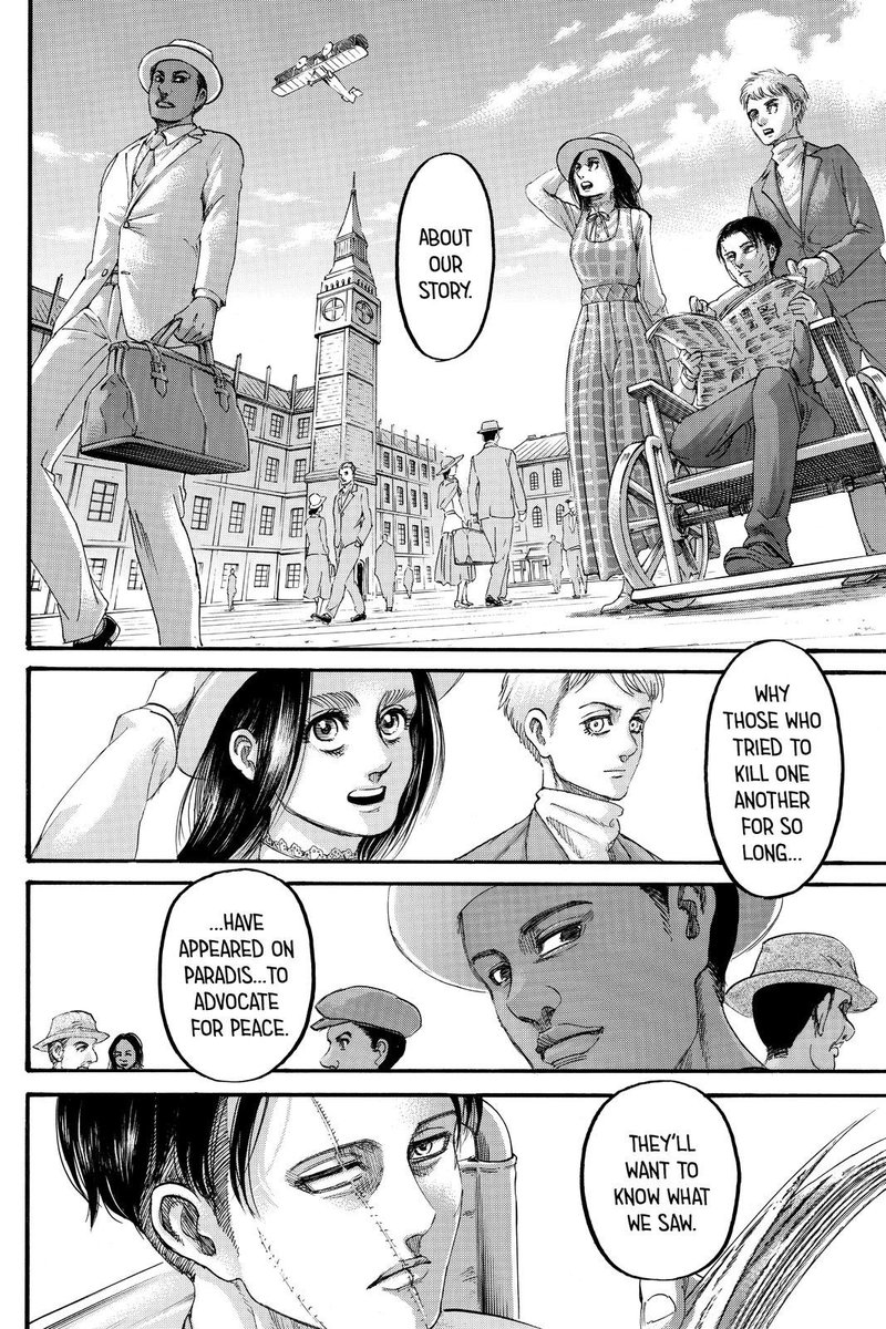  #aot139spoilers Armin's optimism towards peace is what I think Isayama really wants to portray but the message feels muddled because of how everything has been presented up until now. Also where the fuck is Yelena? Also also Armin looking like a snack. Good glow up.