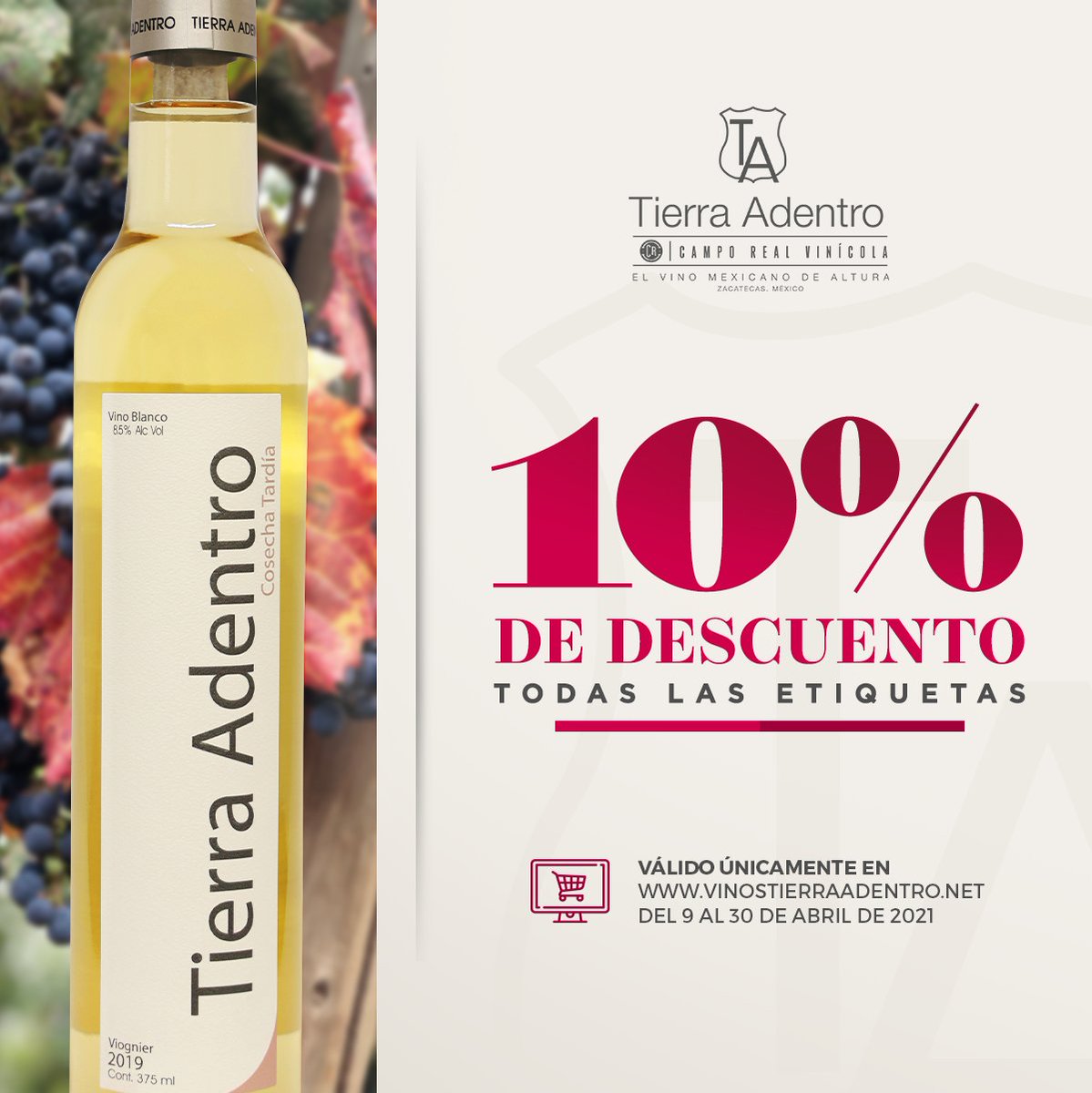 Todo Abril, Todas las Botellas😉
💢10% de Descuento en nuestra tienda online.

📲vinostierraadentro.net/shop

#TANosUne