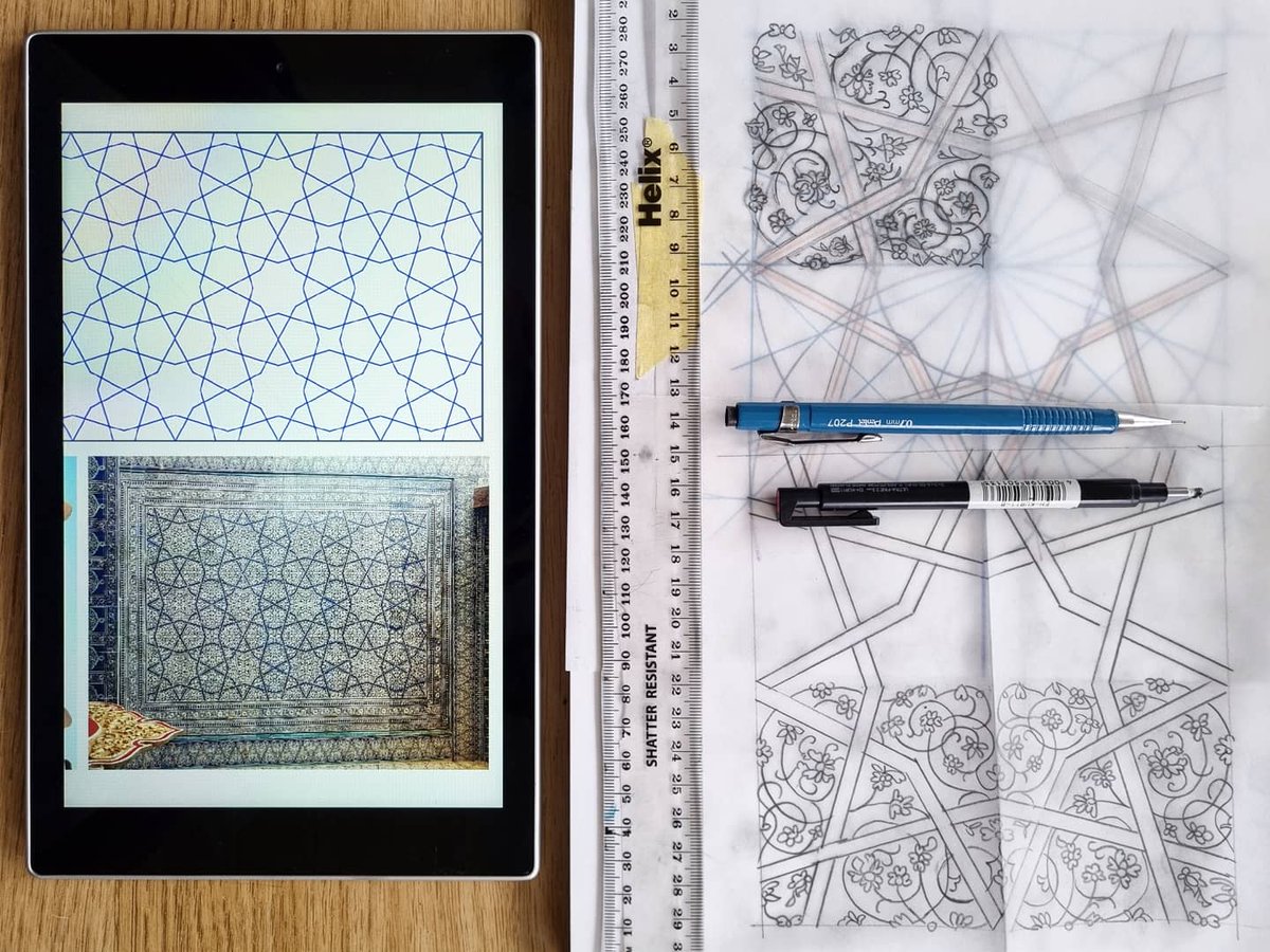 samira_mian's tweet photo. We went from planets and orbits to flowers and spirals today! Thanks @EsraAlhamalArt for showing me the way! Prepfor our 2nd Saturday "in Khiva" this weekend, visit https://t.co/CcYlRm5f14 for #esrasamirapatterns #islamicpattern #biomorphs #arabesque #onlineclass #artonline https://t.co/LRsQOmL7z1