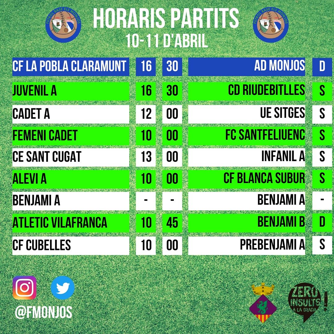 HORARIS PARTITS DIES 10 I 11 D'ABRIL

<a href="/smmonjos/">Ajuntament de Santa Margarida i els Monjos</a> #futbolpenedesenc #futbolcat #3cat12 #futbolbase #futbolfemenino #ORGULLOSA @fmonjosfemeni #admonjos #fbmascatarro
