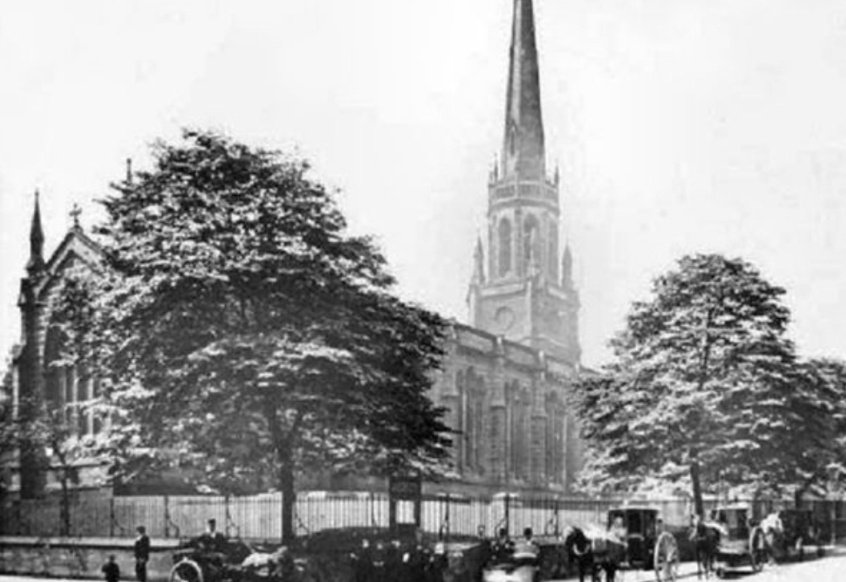 Holy Trinity Church, was next on the walk. Built in 1840 with an iconic spire that made the church one of the tallest structures in the city. The spire was damaged in 1941 and removed due to concerns of collapse. The church was demolished in 1956.