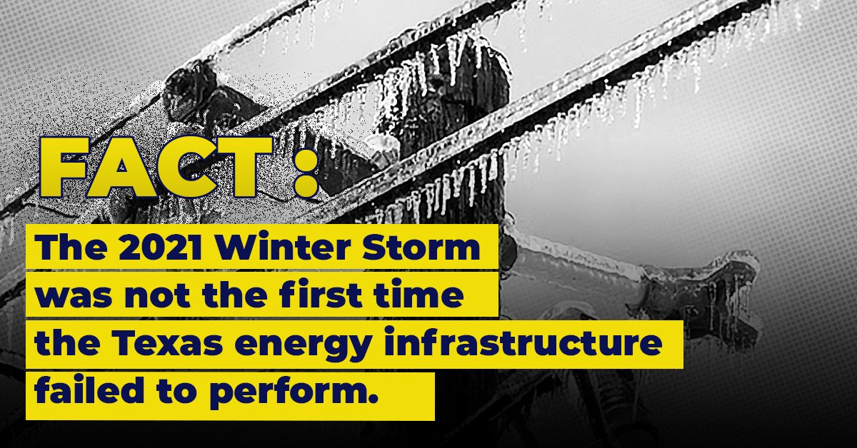 Past extreme weather events like the 1989 Cold Wave &amp; 2011 Big Freeze should have been a wake up call to Texas' leaders and the energy industry that our infrastructure is not ready for extreme weather.
