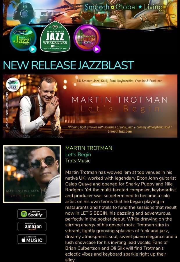Hey good people thanks to CEO Sandy Shore at Smoothjazz.com I’m now a featured artist on the largest Smoothjazz platform worldwide heading for the Billboards. Why not check out my album “Let’s Begin” on Spotify also available on all download platforms.