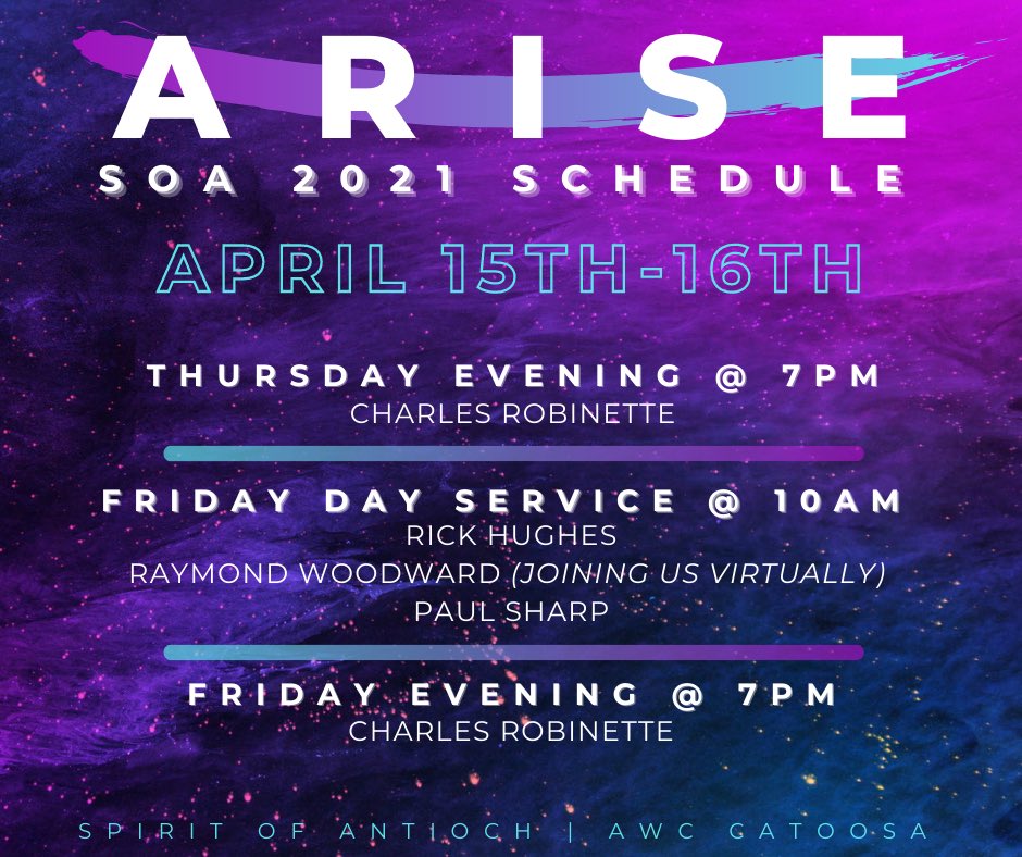 SpiritofAntioch's tweet photo. ✝️ SOA 2021 SCHEDULE ✝️
Expectations are set for a mighty move of God! This time next week we will be gearing up for the first night of SOA 2021! 🙌🏼 #SOA2021 https://t.co/Tb5pkMGhDg
