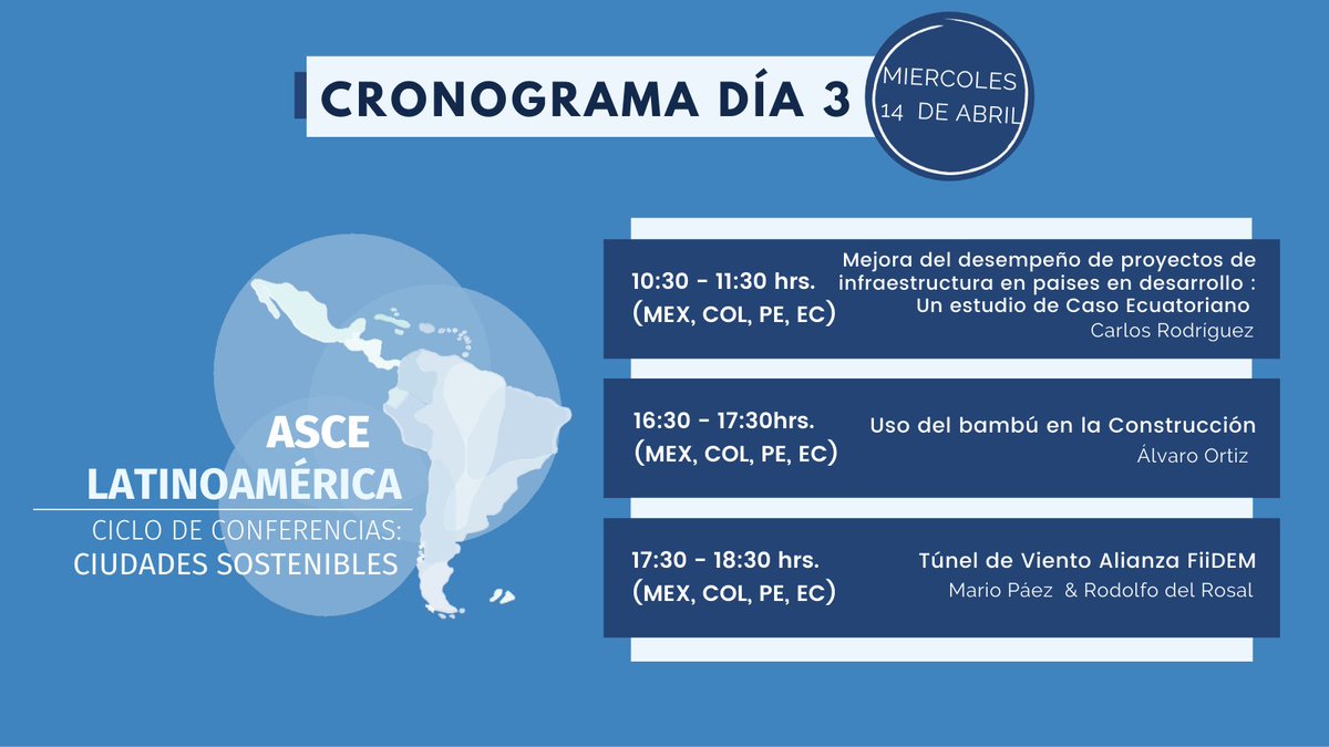 🔵CRONOGRAMA DÍA 3🔵 Ciclo de conferencias: Ciudades Sostenibles🌱 📅Miércoles 14 de abril No olvides registrarte y estar pendiente de los horarios y links de las sesiones. 📩 Link de registro: forms.gle/f9ZFjPQ2EmoV52…