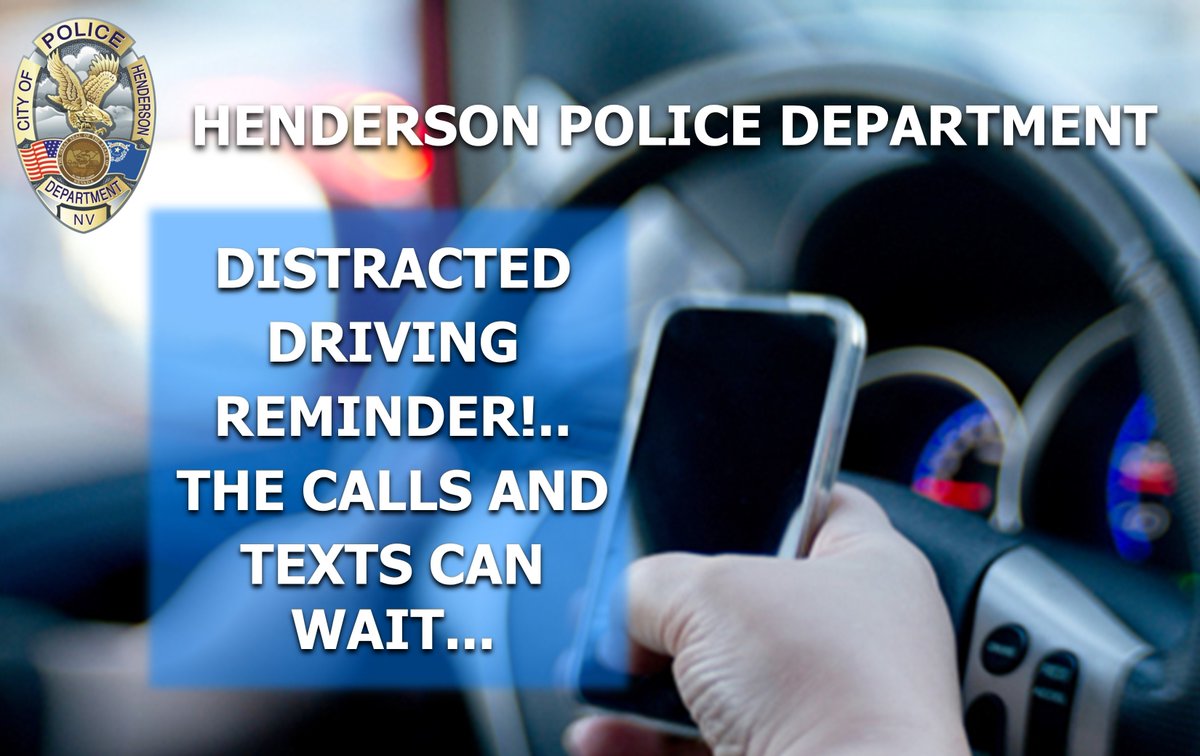 The Henderson Police Department will once again be #JoiningForces for an enhanced traffic enforcement initiative targeting distracted drivers from April 10 - April 19, 2021.

#ZeroToleranceZone #SafeDriving #StayAlive #JoinHPD #HendersonCares #HendersonIsHome