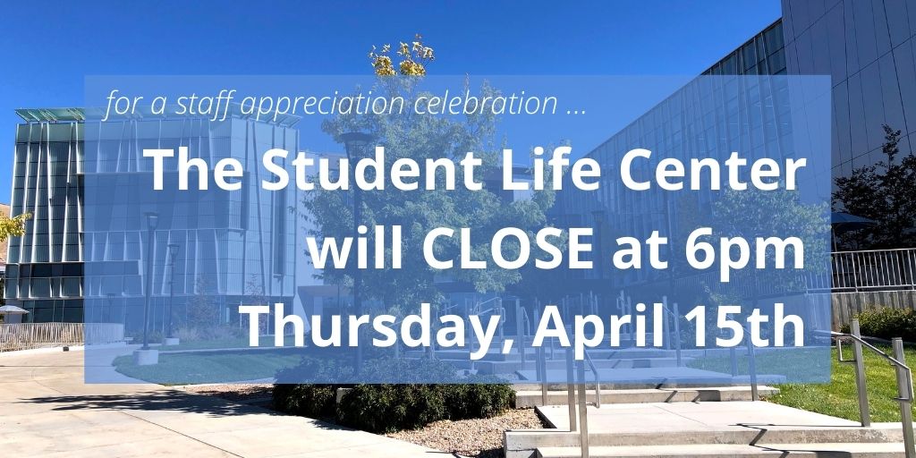 UofUCampusRec's tweet image. ATTENTION: The Student Life Center will close at 6pm on Thursday, April 15th for a staff appreciation celebration. If you see a crew member doing a great job today, let them know! We couldn't do what we do without them!

#uofucampusrec #uofu #lifecenter #crimsoncrew #givethanks