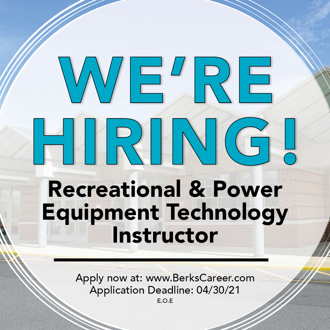 BerksCareer's tweet photo. Berks Career &amp; Technology Center is seeking a Recreational &amp; Power Equipment Technology Instructor.

To learn about this exciting career opportunity, or to apply, visit: https://t.co/suFbecfte8
Application Deadline:  on or before Friday, 04/30/21 https://t.co/AyQv9K4CMY