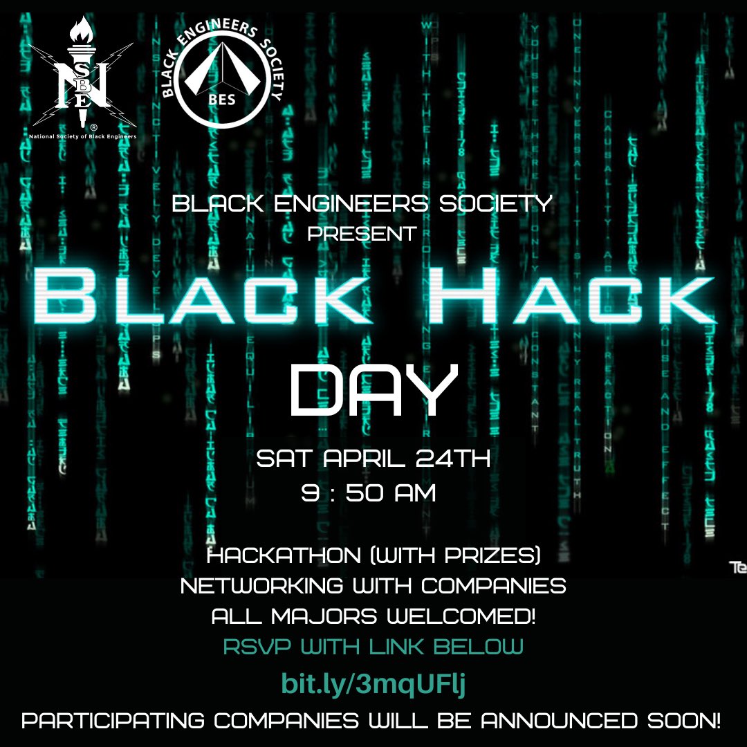 BES_UMCP's tweet photo. Our annual Black Hack Day will be held on April 24. Please RSVP now so you don’t miss out on this all day event where you can participate in workshops, compete in a hackathon and network 1-on-1 with a bunch of major tech companies!
RSVP it’s the link below
https://t.co/IDV6JokEXm https://t.co/1dEg4dDQKY